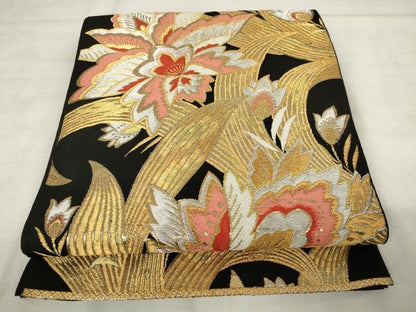 平和屋着物◎六通柄　本袋帯　唐織　更紗花文　黒地　金銀糸　正絹　逸品　AABM6485od