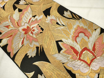 平和屋着物◎六通柄　本袋帯　唐織　更紗花文　黒地　金銀糸　正絹　逸品　AABM6485od