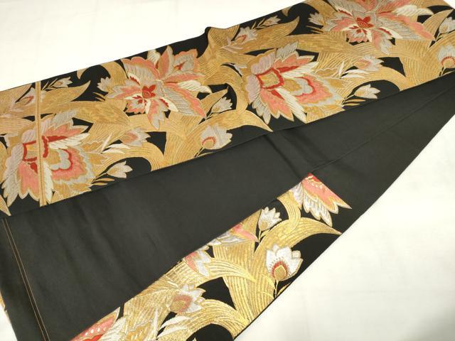 平和屋着物◎六通柄　本袋帯　唐織　更紗花文　黒地　金銀糸　正絹　逸品　AABM6485od