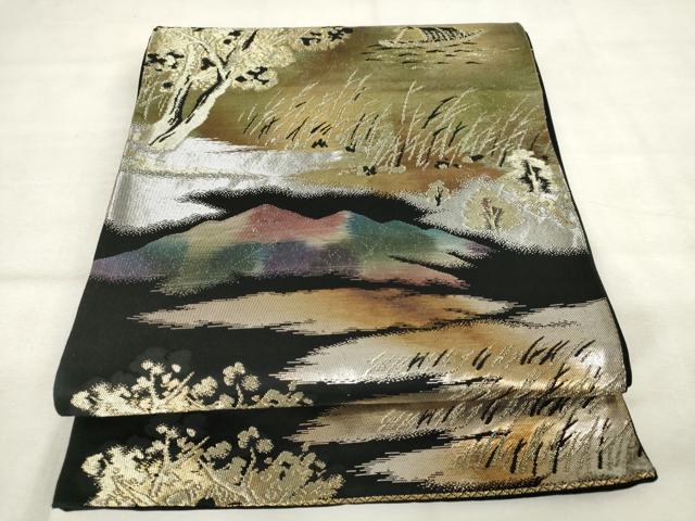 平和屋着物◎六通柄袋帯　風景文　黒地　金銀糸　正絹　逸品　AABM6488od