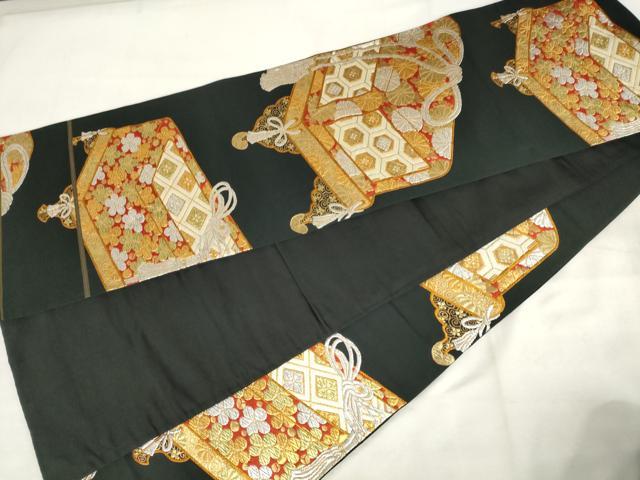 平和屋着物◎六通柄袋帯　花文箱文　黒地　金銀糸　正絹　逸品　AABM6490od
