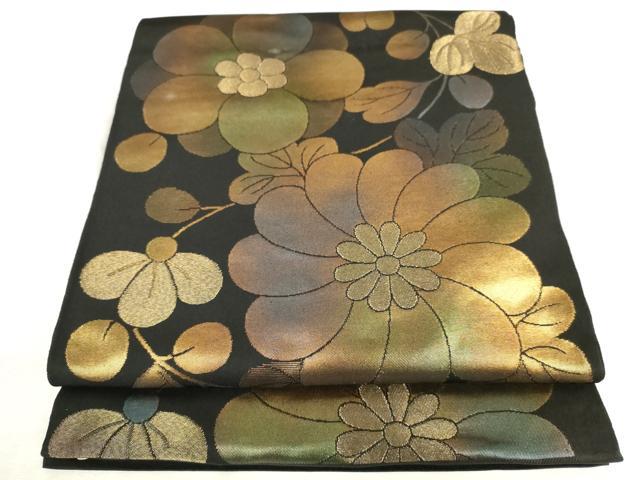 平和屋着物◎六通柄袋帯　蒔絵の梅　黒地　金糸　正絹　逸品　AABM6492od
