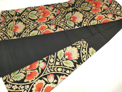 平和屋着物◎六通柄　本袋帯　唐織　草花文　黒地　金銀糸　正絹　逸品　AABM6513od