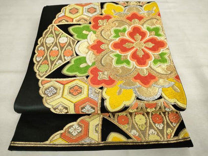 平和屋着物◎六通柄袋帯　唐織　正倉院花文　黒地　金銀糸　正絹　逸品　AABM6514od