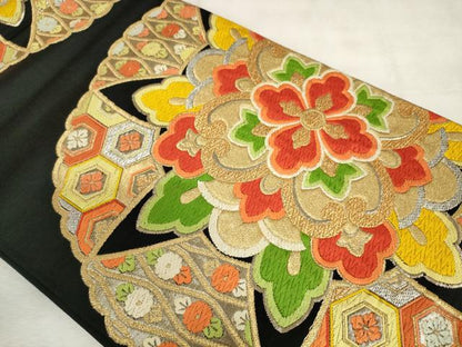 平和屋着物◎六通柄袋帯　唐織　正倉院花文　黒地　金銀糸　正絹　逸品　AABM6514od