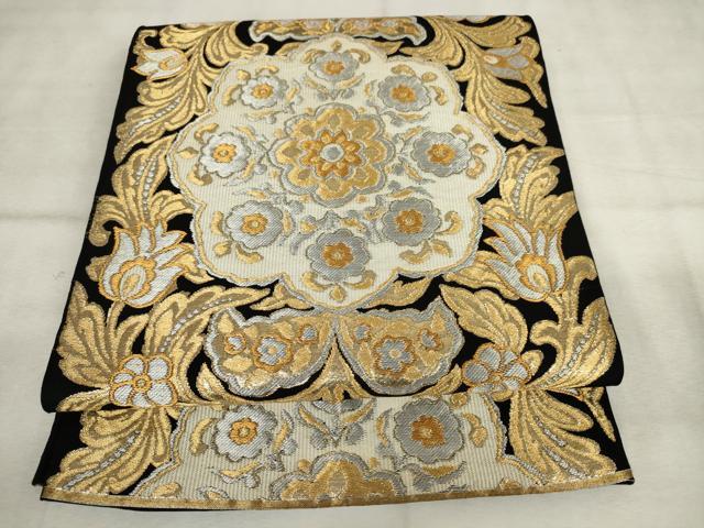 平和屋着物◎六通柄　本袋帯　唐織　花唐草文　黒地　金銀糸　正絹　逸品　AABM6519od