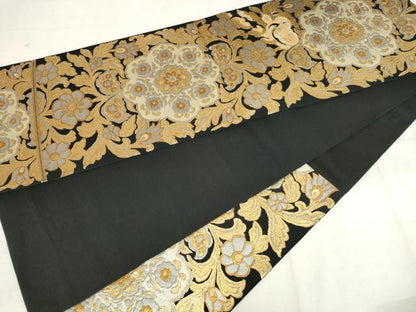 平和屋着物◎六通柄　本袋帯　唐織　花唐草文　黒地　金銀糸　正絹　逸品　AABM6519od