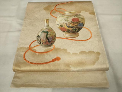 平和屋着物◎太鼓柄袋帯　陶器花鳥文　金糸　正絹　逸品　AABM6522od