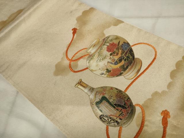 平和屋着物◎太鼓柄袋帯　陶器花鳥文　金糸　正絹　逸品　AABM6522od