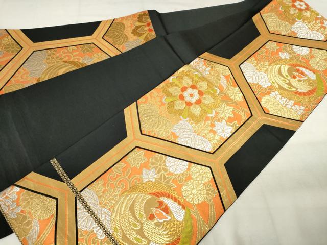 平和屋着物◎六通柄袋帯　鳳凰花亀甲文　黒地　金銀糸　正絹　逸品　AABM6524od