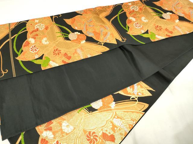 平和屋着物◎六通柄袋帯　唐織　花蝶文　黒地　金銀糸　正絹　逸品　AABM6531od