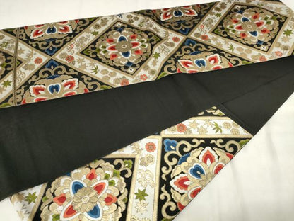 平和屋着物◎六通柄　本袋帯　唐織　花菱文　黒地　金糸　正絹　逸品　AABM6541od