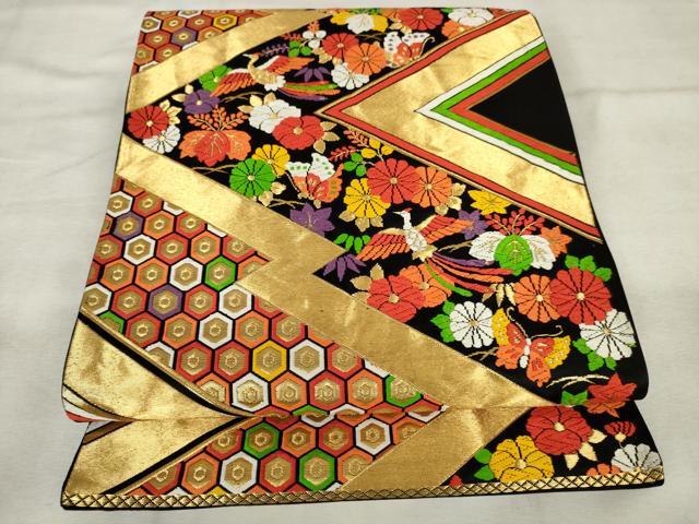 平和屋着物◎六通柄袋帯　唐織　松皮菱鳳凰花文　黒地　金糸　正絹　逸品　AABM6542od