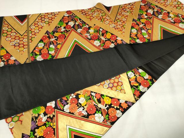 平和屋着物◎六通柄袋帯　唐織　松皮菱鳳凰花文　黒地　金糸　正絹　逸品　AABM6542od