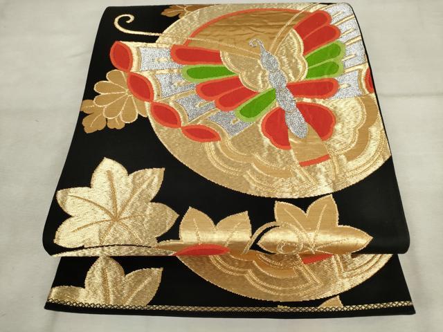 平和屋着物◎六通柄袋帯　唐織　花蝶丸文　黒地　金銀糸　正絹　逸品　AABM6558od