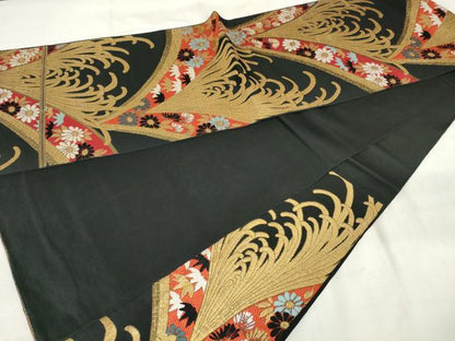 平和屋着物◎六通柄　京本袋帯　唐織　草花文　黒地　金糸　AABM6579od