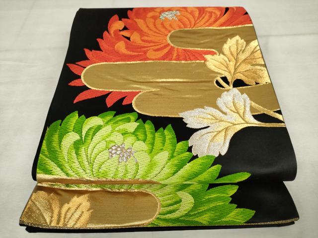 平和屋着物◎六通柄袋帯　唐織　エ霞花文　黒地　金銀糸　正絹　逸品　AABM6581od