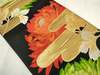 平和屋着物◎六通柄袋帯　唐織　エ霞花文　黒地　金銀糸　正絹　逸品　AABM6581od