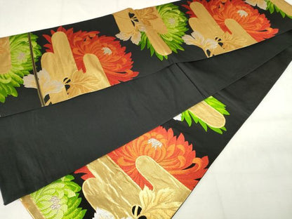 平和屋着物◎六通柄袋帯　唐織　エ霞花文　黒地　金銀糸　正絹　逸品　AABM6581od