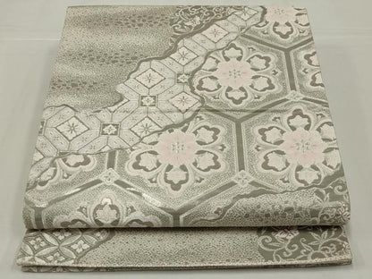 平和屋着物◎六通柄袋帯　唐織　亀甲花文　銀糸　正絹　逸品　AABM6602ou