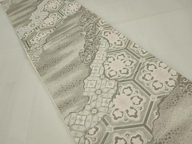 平和屋着物◎六通柄袋帯　唐織　亀甲花文　銀糸　正絹　逸品　AABM6602ou