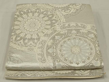 平和屋着物◎六通柄袋帯　唐織　花絵皿文　銀糸　正絹　逸品　AABM6603ou