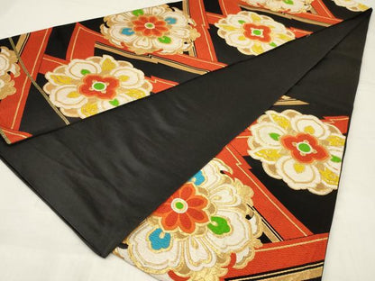 平和屋着物◎六通柄袋帯　唐織　正倉院花文　黒地　金糸　正絹　逸品　AABM6606ou