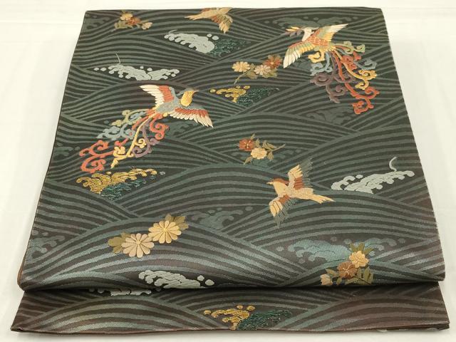 平和屋着物◎太鼓柄袋帯　刺繍　立波花鳥文　金糸　正絹　逸品　AABM6609ou