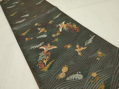 平和屋着物◎太鼓柄袋帯　刺繍　立波花鳥文　金糸　正絹　逸品　AABM6609ou