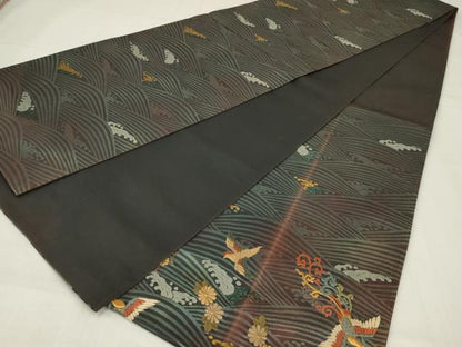 平和屋着物◎太鼓柄袋帯　刺繍　立波花鳥文　金糸　正絹　逸品　AABM6609ou