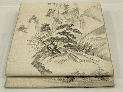 平和屋着物◎綴れ　太鼓柄袋帯　作家物　手描き　風景文　銀糸　正絹　逸品　AABM6610ou