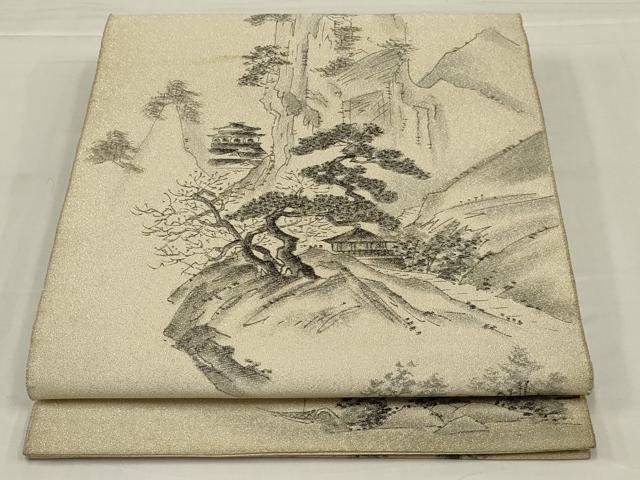 平和屋着物◎綴れ　太鼓柄袋帯　作家物　手描き　風景文　銀糸　正絹　逸品　AABM6610ou