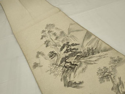 平和屋着物◎綴れ　太鼓柄袋帯　作家物　手描き　風景文　銀糸　正絹　逸品　AABM6610ou