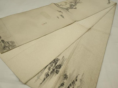 平和屋着物◎綴れ　太鼓柄袋帯　作家物　手描き　風景文　銀糸　正絹　逸品　AABM6610ou
