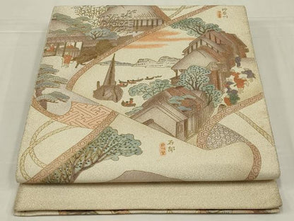 平和屋着物◎綴れ　太鼓柄袋帯　人物風景文　正絹　逸品　AABM6611ou