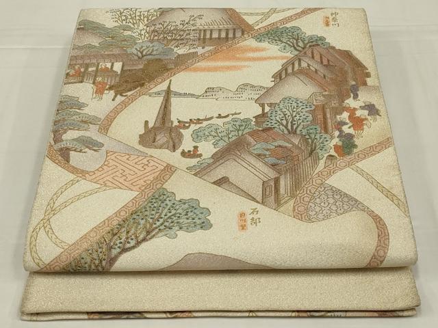平和屋着物◎綴れ　太鼓柄袋帯　人物風景文　正絹　逸品　AABM6611ou