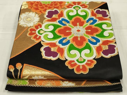 平和屋着物◎六通柄袋帯　唐織　正倉院花文　黒地　金銀糸　正絹　逸品　AABM6617ou