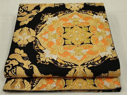 平和屋着物◎六通柄袋帯　更紗花文　黒地　金銀糸　正絹　逸品　AABM6618ou