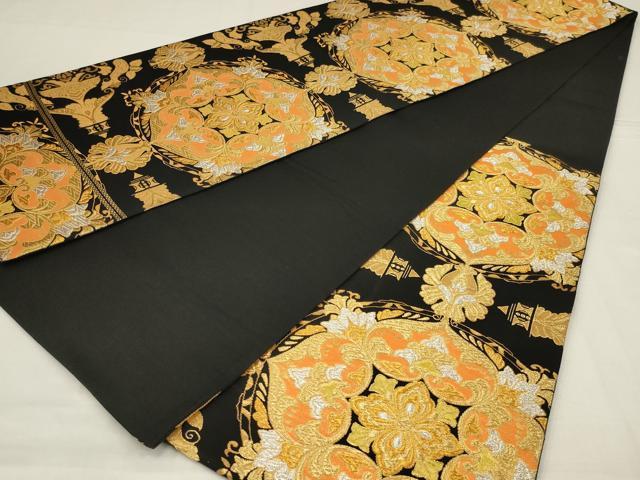 平和屋着物◎六通柄袋帯　更紗花文　黒地　金銀糸　正絹　逸品　AABM6618ou