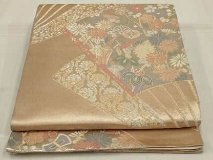 平和屋着物◎六通柄袋帯　扇面花文　金銀糸　正絹　逸品　AABM6631ou