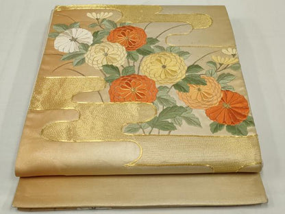 平和屋着物◎太鼓柄袋帯　唐織　駒刺繍　エ霞枝花文　銀糸　正絹　逸品　AABM6633ou
