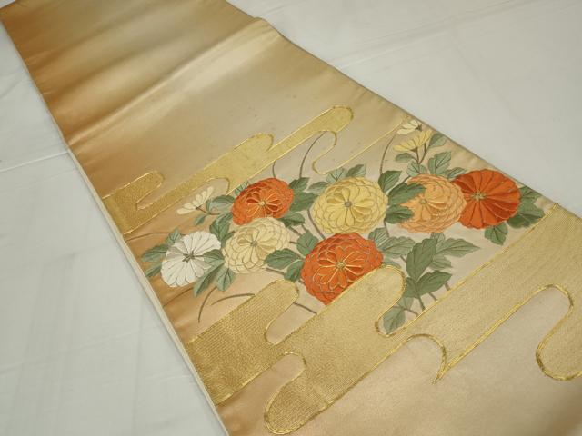 平和屋着物◎太鼓柄袋帯　唐織　駒刺繍　エ霞枝花文　銀糸　正絹　逸品　AABM6633ou