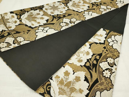 平和屋着物◎六通柄　本袋帯　唐織　更紗花文　黒地　金糸　AABM6636ou