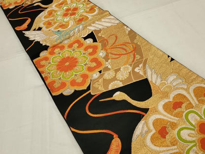 平和屋着物◎六通柄袋帯　唐織　飛鶴花文　黒地　金銀糸　正絹　逸品　AABM6638ou