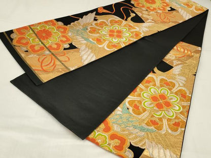 平和屋着物◎六通柄袋帯　唐織　飛鶴花文　黒地　金銀糸　正絹　逸品　AABM6638ou
