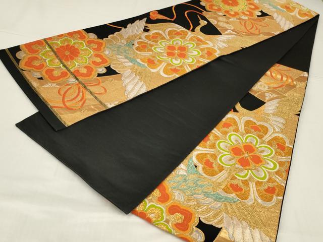 平和屋着物◎六通柄袋帯　唐織　飛鶴花文　黒地　金銀糸　正絹　逸品　AABM6638ou