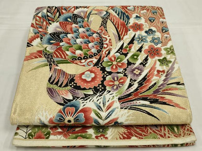 平和屋着物◎六通柄袋帯　唐織　孔雀花文　金糸　正絹　逸品　AABM6640ou
