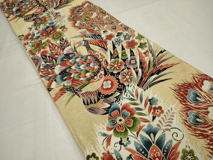 平和屋着物◎六通柄袋帯　唐織　孔雀花文　金糸　正絹　逸品　AABM6640ou