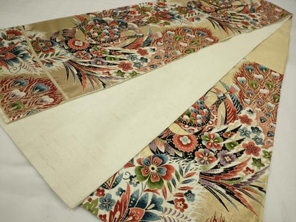 平和屋着物◎六通柄袋帯　唐織　孔雀花文　金糸　正絹　逸品　AABM6640ou
