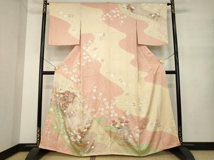 平和屋着物●訪問着　絞り　御所車花文　正絹　逸品　AABM6643ck
